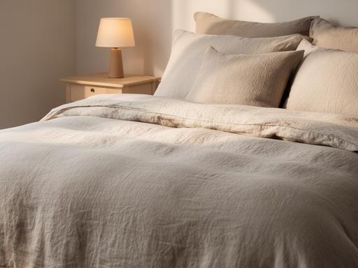 Rustige slaapkamer met linnen beddengoed en een kleine tafellamp